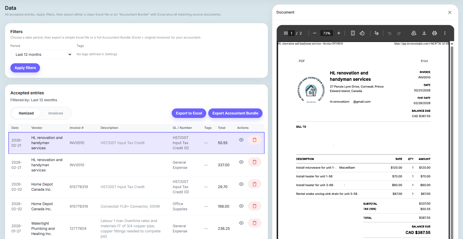 Data page with invoice document shown side-by-side